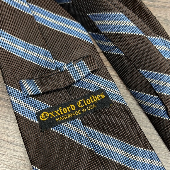 Oxxford Clothes Brown w/ Blue & White Stripe Silk Tie - Picture 3 of 5